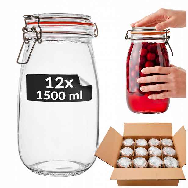 12 x Sklenička s klipem hermetická 1,5 l sklenice Weck sklenice s těsněním na víčka
