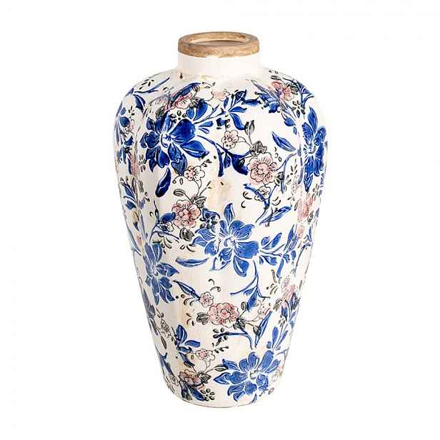 Béžová keramická dekorační váza s modrými květy Marsia M - Ø 21*35 cm  Clayre & Eef