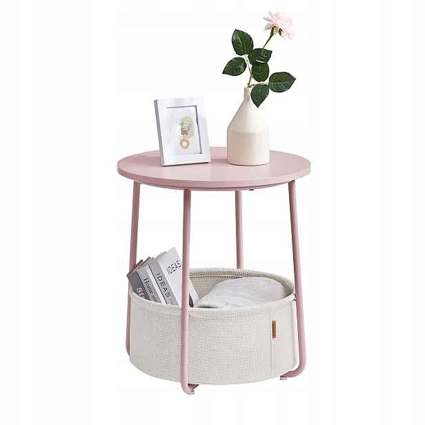 Malý konferenční stolek loft kulatý s košem růžový 50 cm kosmetický na květiny
