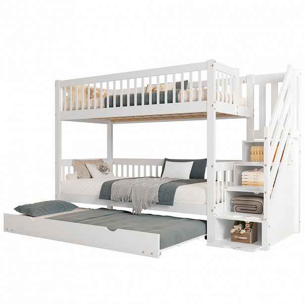 OKWISH PATROVÁ postel 90/200 cm bílá z borovice a MDF s výsuvnou postelí a šatní skříní s žebříkem