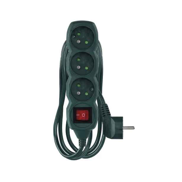 Prodlužovací kabel 2 m, 3 zásuvky, vypínač, zelený
