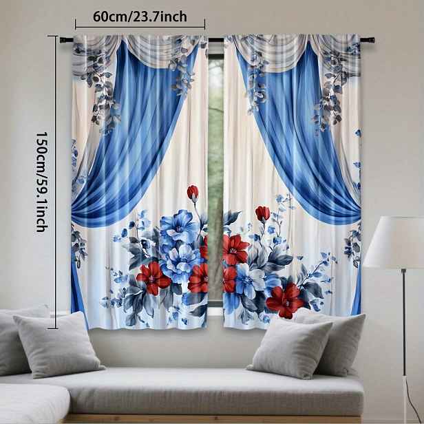 TEMU Sada 2 průsvitných závěsů s akvarelovým květinovým designem, polyesterové draperie s kapsou na tyč pro ložnici a obývací pokoj, ideální pro