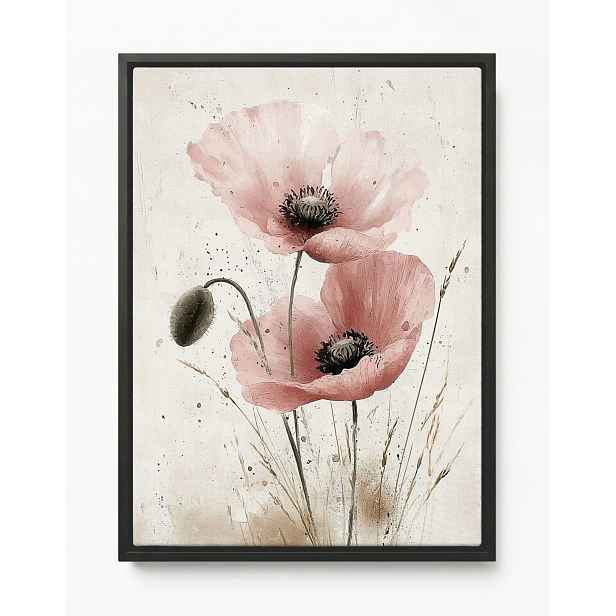 Obraz Rám Americký Box Akvarel Zahrada Květiny Růžový Mák Scandi Boho 60x80