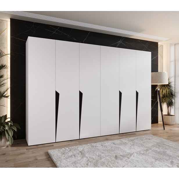 Šestidveřová šatní skříň 300 cm SORAYA 1 - bílá / černé úchyty