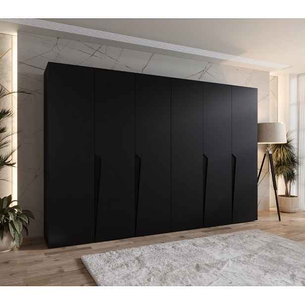 Šestidveřová šatní skříň 300 cm SORAYA 1 - černá / černé úchyty