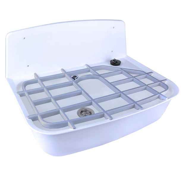 Eco produkty Úklidová plastová bílá výlevka 48;5 x 34 cm s ploškou pro případný otvor na stojánkovou baterii; přepadem a plastovým roštem; kompletní se sifonem. Pro stojánkovou baterii.