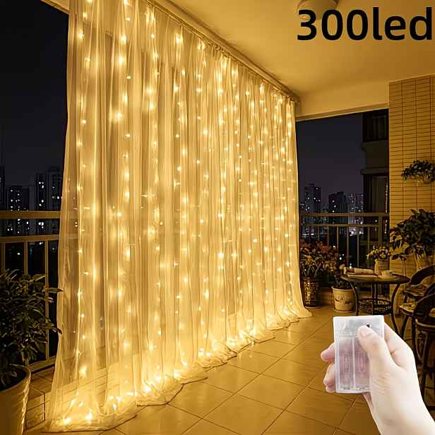 TEMU LED Závěsné Pohádkové Světla 10x10ft, Teplá Bílá Okenní Závěsná Světelná Šňůra s 8 Režimy, Na Baterie, Dekorace na Vánoce, Halloween, Svatbu,