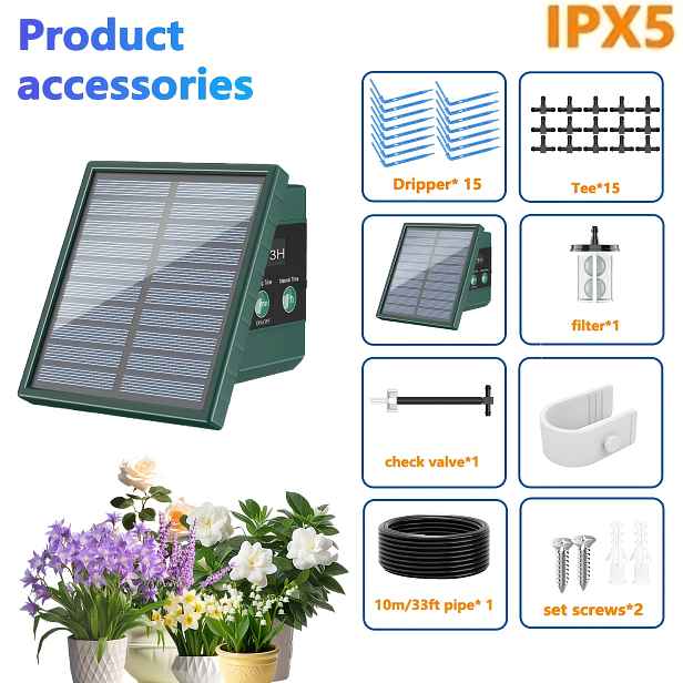 TEMU Solární kapkový zavlažovací systém Solární zavlažovací systém pro zahradu, IPX5 s doplňky Solární automatické snadné zavlažovací zařízení