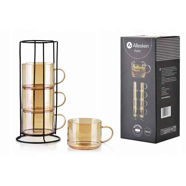 Komplet Šálků 4 x 350 ML Na Stojanu Sklo Borosilikátové Ideální Dárek