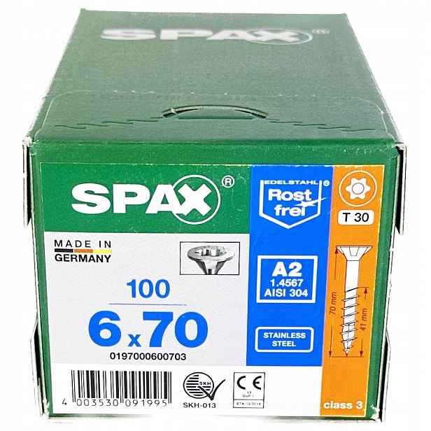 Nerezové vruty 6x70 mm, vruty do dřeva 100 ks, Ocel A2 Spax
