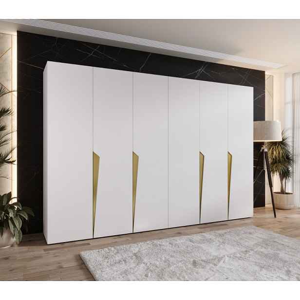 Šestidveřová šatní skříň 300 cm SORAYA 1 - bílá / zlaté úchyty