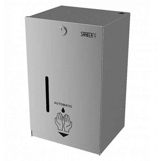 Sanela - Automatický nástěnný dávkovač dezinfekce, objem 5 l, bateriové napájení, matná nerez SLZN 59EB