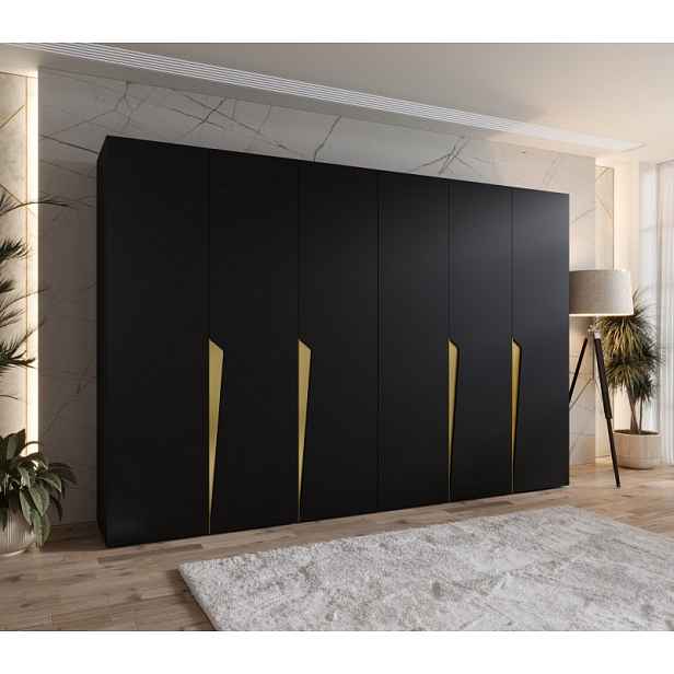 Šestidveřová šatní skříň 300 cm SORAYA 1 - černá / zlaté úchyty