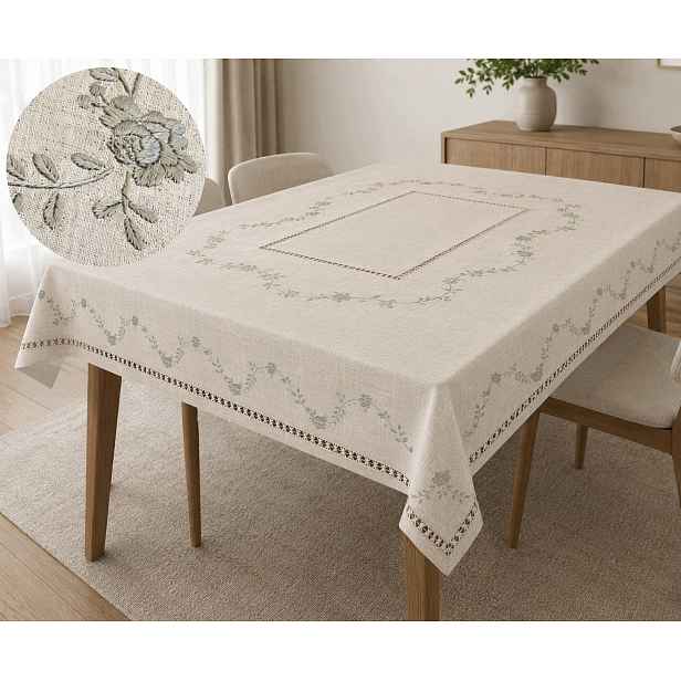Lněný ubrus 160x220 Vyšívaný Len Polyester Elegantní výšivka Boho na stůl