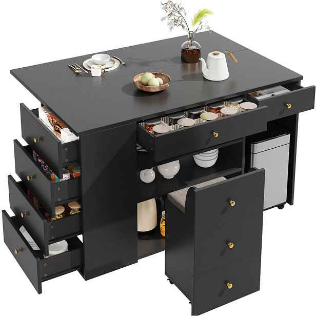 OKWISH KUCHYŇSKÝ ostrov 140/40/89 cm černý z MDF a kovu s 6 zásuvkami a úložnou stoličkou