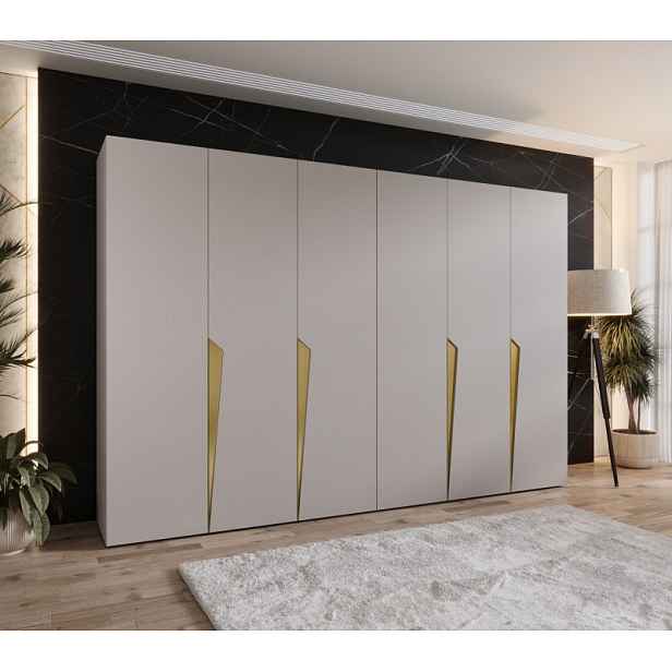 Šestidveřová šatní skříň 300 cm SORAYA 1 - kašmír / zlaté úchyty