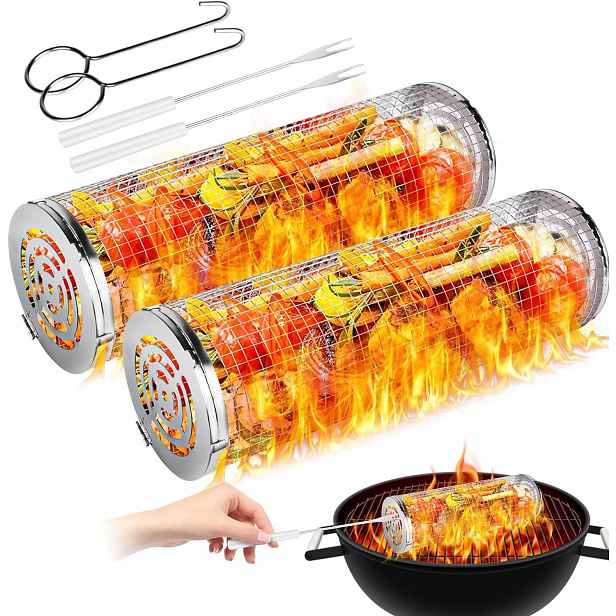 2x Koš Na Grilování Zeleniny Rybího Masa Grill 20 cm Kulatý Nádoba Set