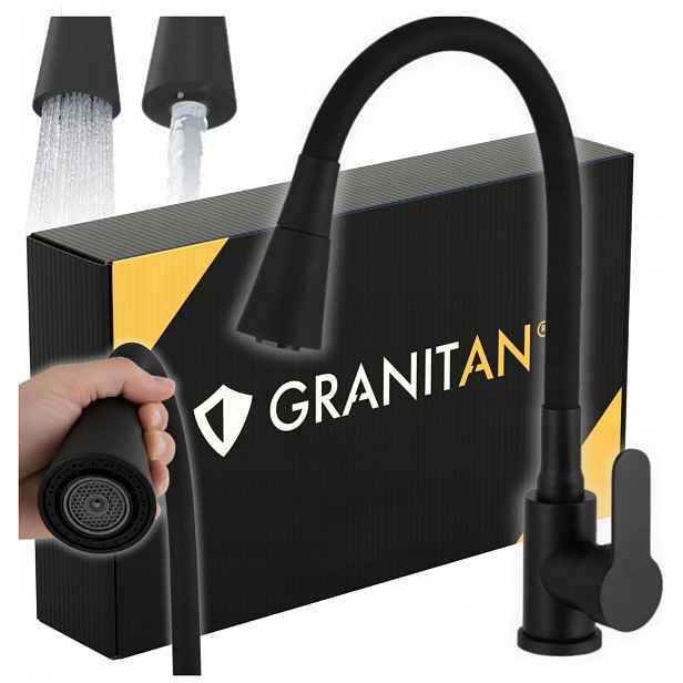 Kuchyňská Stojánková Baterie Granitan Flexo Flexibilní Ohebný Výtok Černá