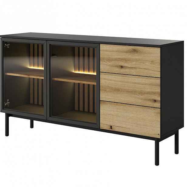 Prosklená komoda 150 cm DEMOPOLIS - dub evoke / černá + LED osvětlení ZDARMA