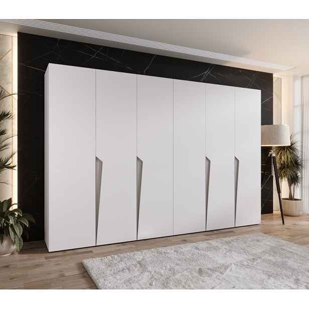 Šestidveřová šatní skříň 300 cm SORAYA 1 - bílá / kašmírové úchyty