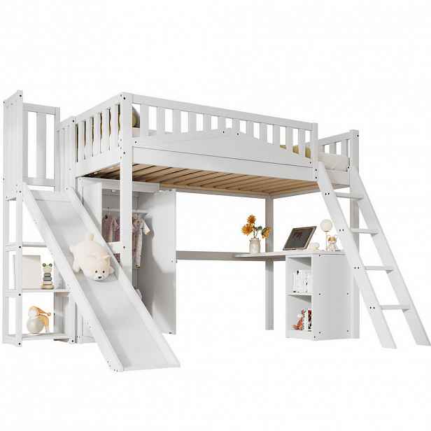 OKWISH PATROVÁ postel 90/200 cm bílá s bezpečnostním zábradlím a stolkem z borovice + MDF