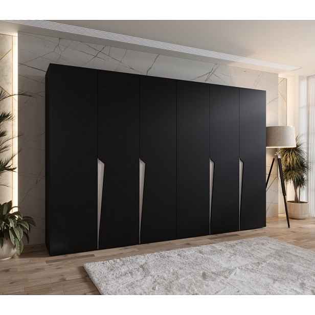 Šestidveřová šatní skříň 300 cm SORAYA 1 - černá / kašmírové úchyty