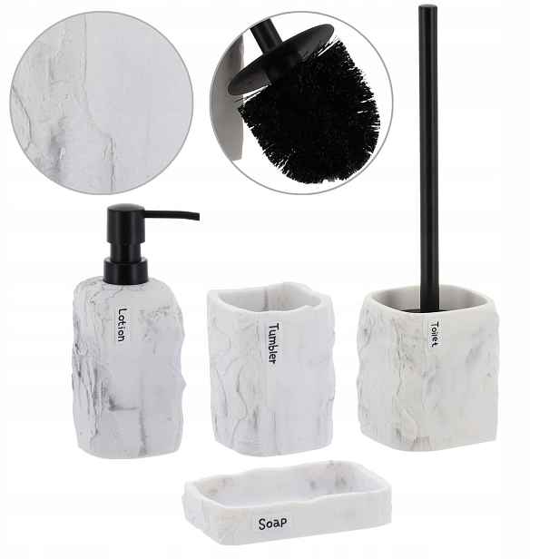 Komplet Do Koupelny Wc 4 el Koupelnový Set Akcesoria Bílý Mramor Kámen