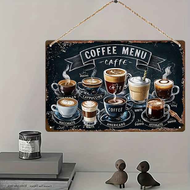 TEMU 2D Plochý, 1 ks Vintage Italský Kávový Menu Kovový Vývěsní Štít - Espresso Cappuccino Latte Retro Kávová Deska na Zeď, Železná Kávovna Vývěsní
