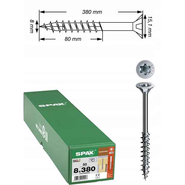 Univerzální vruty Wirox pro dřevěné konstrukce Spax 8 x 380 mm 50 ks