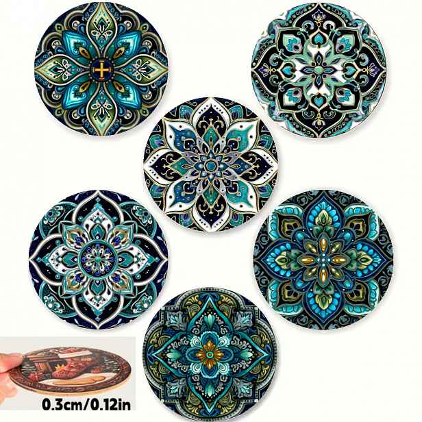 TEMU Sada 6 dřevěných podtácků vhodných pro domov a kancelář - Mandala & Zlaté geometrické podtácky, tepelně odolné protiskluzové dřevěné chrániče