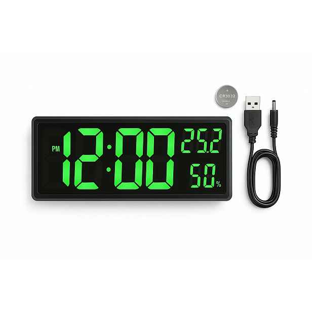 Velké Nástěnné Hodiny Digitální LCD Vlhkoměr Teploměr Datum Alarm