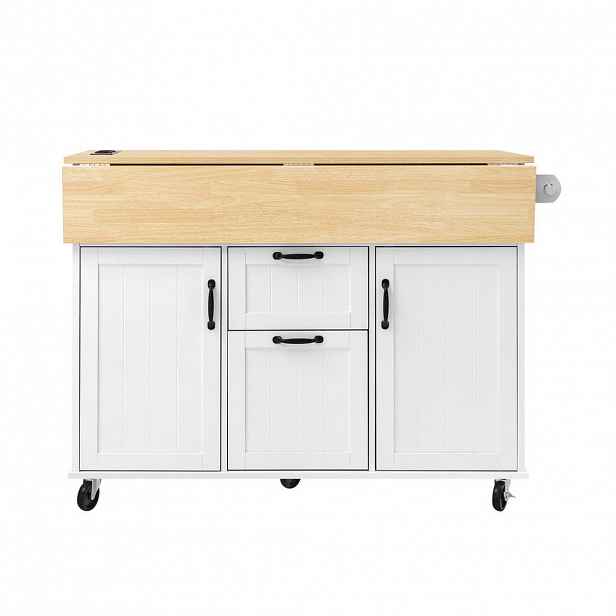 Modfu KUCHYŇSKÝ ostrůvek z MDF 120x80x92 cm bílý/přírodní na kolečkách s rozkládací deskou, zásuvkami a USB porty