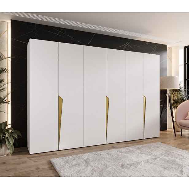 Velká šatní skříň 300 cm SORAYA 1 - bílá / zlaté úchyty