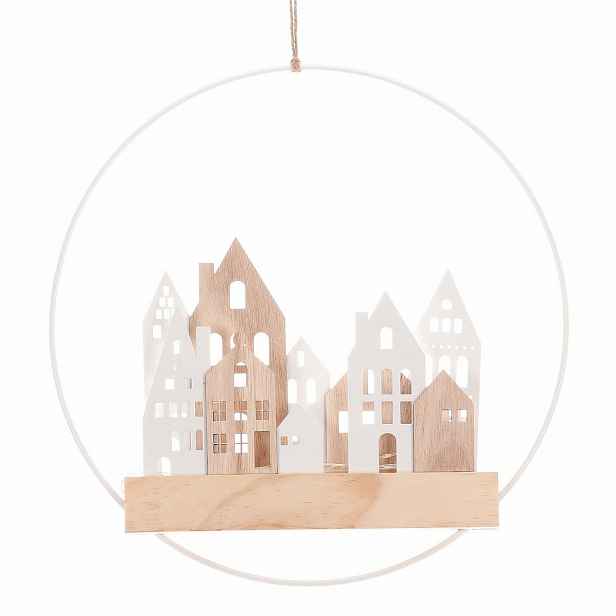 Závěsná LED dekorace Domečky v kruhu bílá, pr. 28 cm