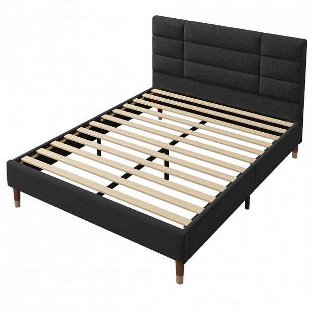 OKWISH ČALOUNĚNÁ postel 140/200 cm černá z masivního dřeva s matrací a lamelovým roštem