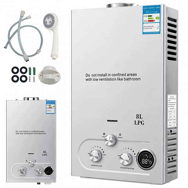 Plynový průtokový ohřívač vody 36kW 18l/min Camping Domácnost Stříbrný Vylepšený ventil