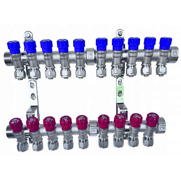 X-home Rozdělovač Pex 1" x 16 mm 10 Obvodů Studené Vody 9 Obvodů Teplé Vody