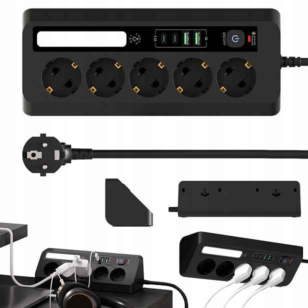 Prodlužovací Kabel Zásuvková Lišta Silný Spínač 1.8 m 4x Usb 5 Zásuvek Vypínač