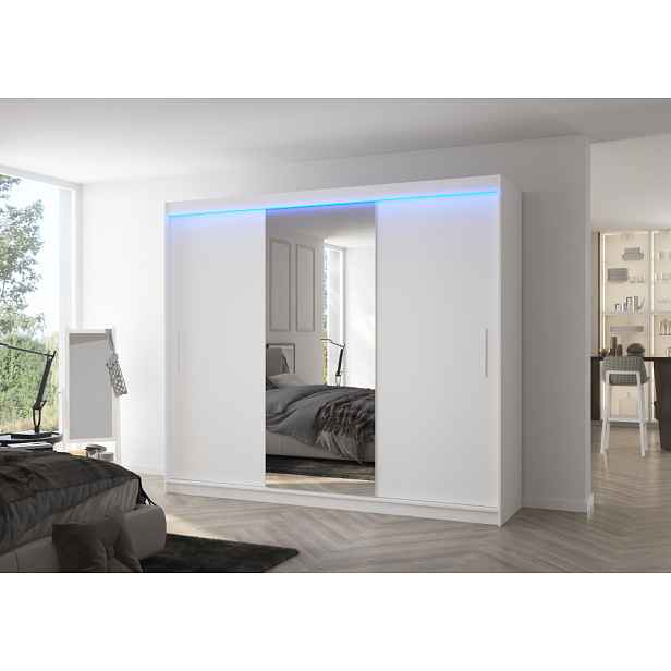Velká šatní skříň se zrcadlem a LED osvětlením GABRIS - bílá