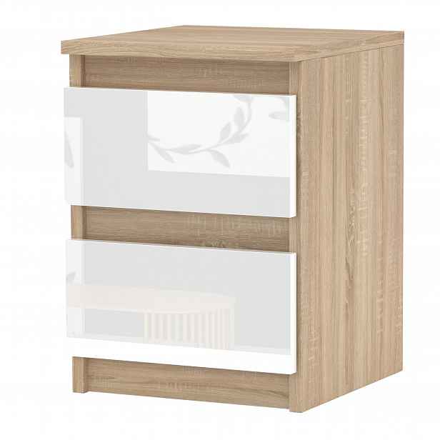 Noční Stolek Dub Sonoma Bílý Lesk 30 CM 2 Zásuvky Rtv Stolek Do Ložnice