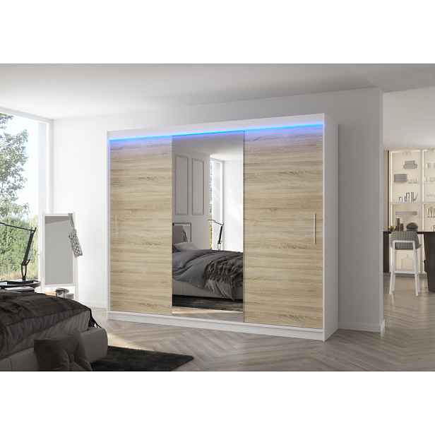 Velká šatní skříň se zrcadlem a LED osvětlením GABRIS - bílá / dub sonoma