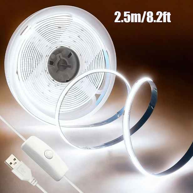 TEMU 0,5M-4,5M USB LED COB světelný pásek s ovládáním tlačítkem, teplá bílá, studená bílá, flexibilní ohebný design, pro snadnou instalaci, jemný