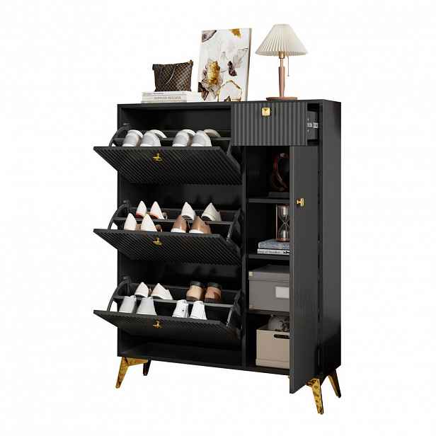 Modfu BOTNÍK z dřevotřísky a MDF 90x25x121 cm černý se 3 výklopy, zásuvkou a dvířky, s vlnitým čelem