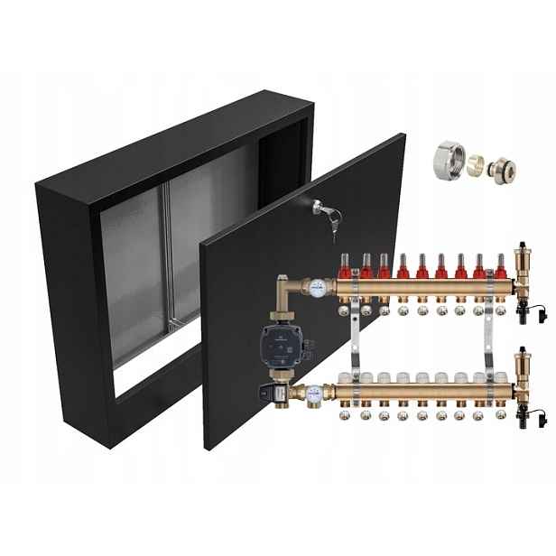 Rozdělovač 9 pro podlahovku s Pompou Grundfos+pex+nástěnná Skříňka Černá