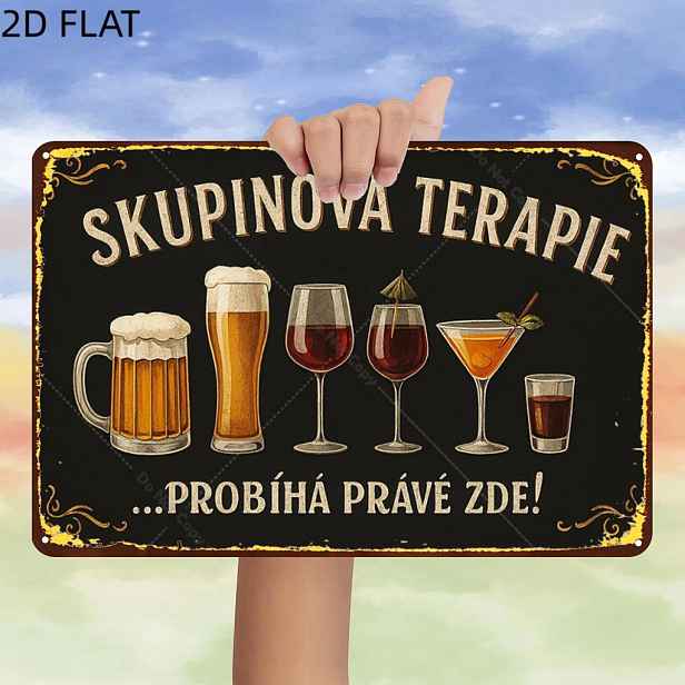 TEMU 2D plochá, 1 ks, Retro skupinová terapie... To se děje právě tady! Kovová železná cedule, předvrtané otvory, dekorace na zeď do kuchyně a