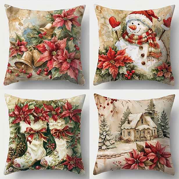 TEMU Set of 4 Christmas Throw Pillow Covers 17.72" - Holiday Decorative Cushion Cases with Zipper for Living Room - Contemporary Style,