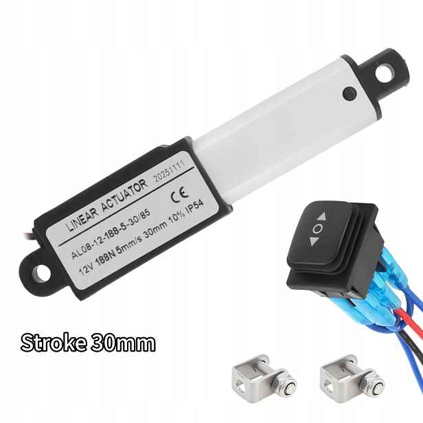 12V Lineární Aktuátor 30mm Zdvih 5mm/s 188N pro Skříně/Zásuvky/Automatizaci