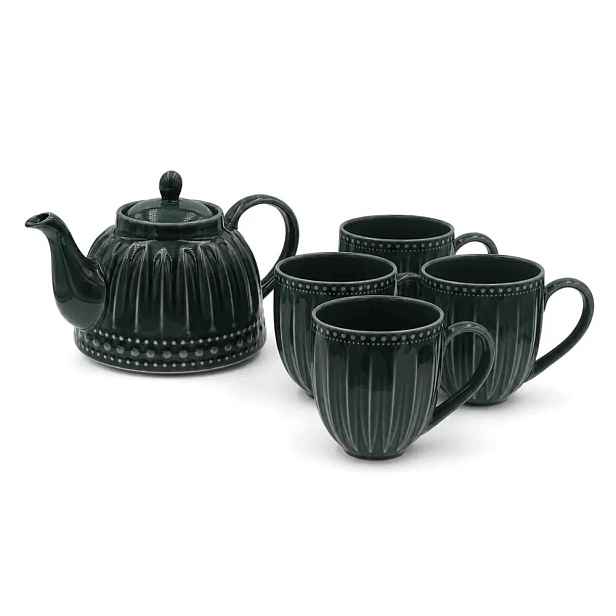 Keramické hrnky 400 ml, 4 ks, s čajovou konvicí 1 l, Mosaique Olive