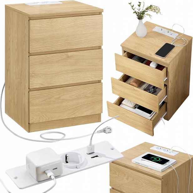 Noční stolek s nabíjecí stanicí Noční Stolek s zásuvkami 2x Usb 3 zásuvky