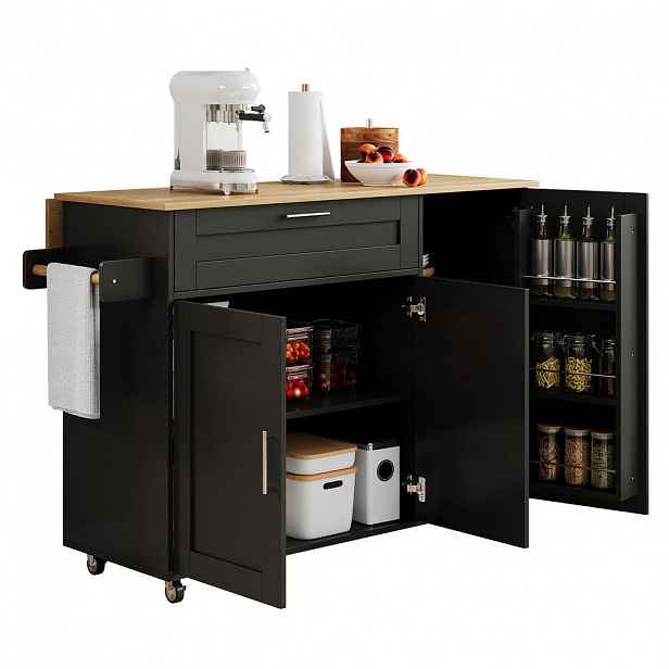 Modfu KUCHYŇSKÝ vozík z MDF 132,5x44(70)x90 cm černá/přírodní se sklopnou deskou, úložným prostorem a 5 kolečky